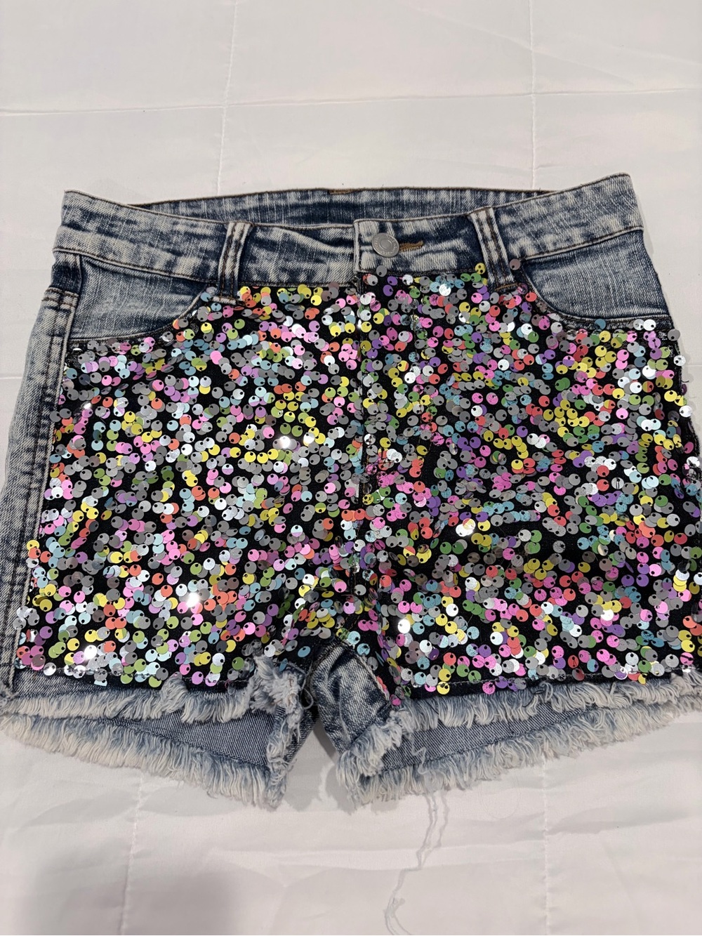 Lola + The Boys Sequin Denim Shorts Girls Size 9/10 Rainbow Confetti Sparkle